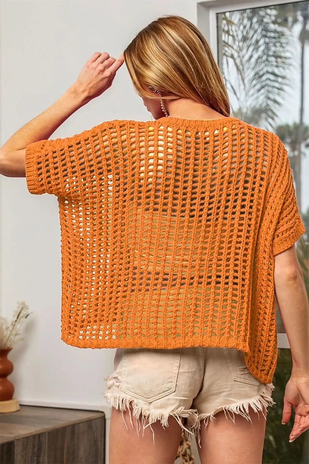 Knit Cover Up - Hollow Out Lightweight - Short Sleeve Top