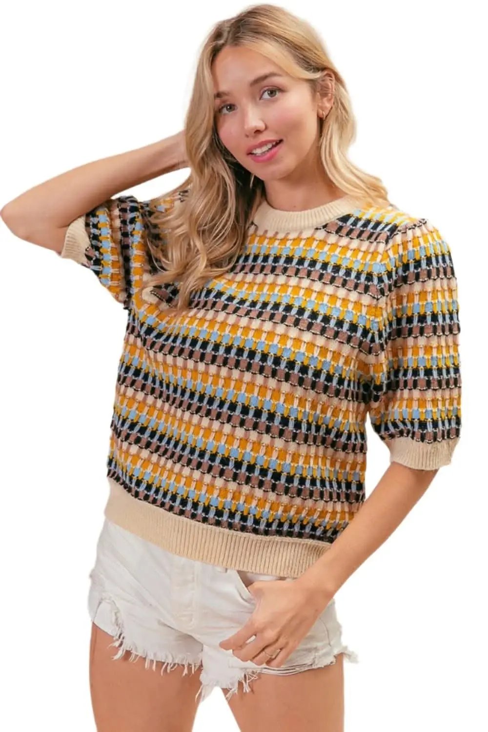 Trendsi BiBi Multicolor Knit Top Women's Half Sleeve Sweater - Soft & Stylish
