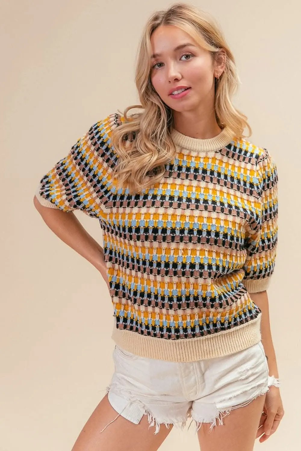 Trendsi BiBi Multicolor Knit Top Women's Half Sleeve Sweater - Soft & Stylish