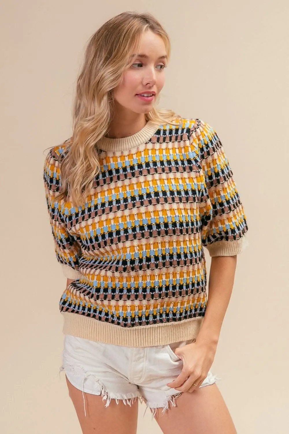 Trendsi BiBi Multicolor Knit Top Women's Half Sleeve Sweater - Soft & Stylish