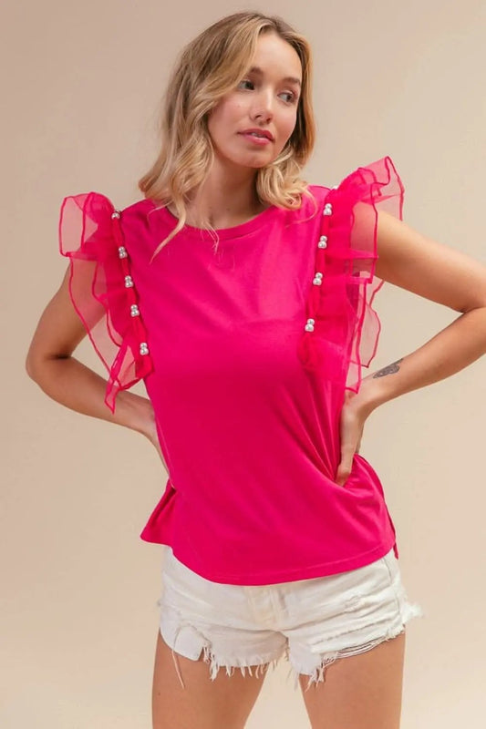 Trendsi BiBi Pearl Decor Mesh Ruffle Sleeve Top