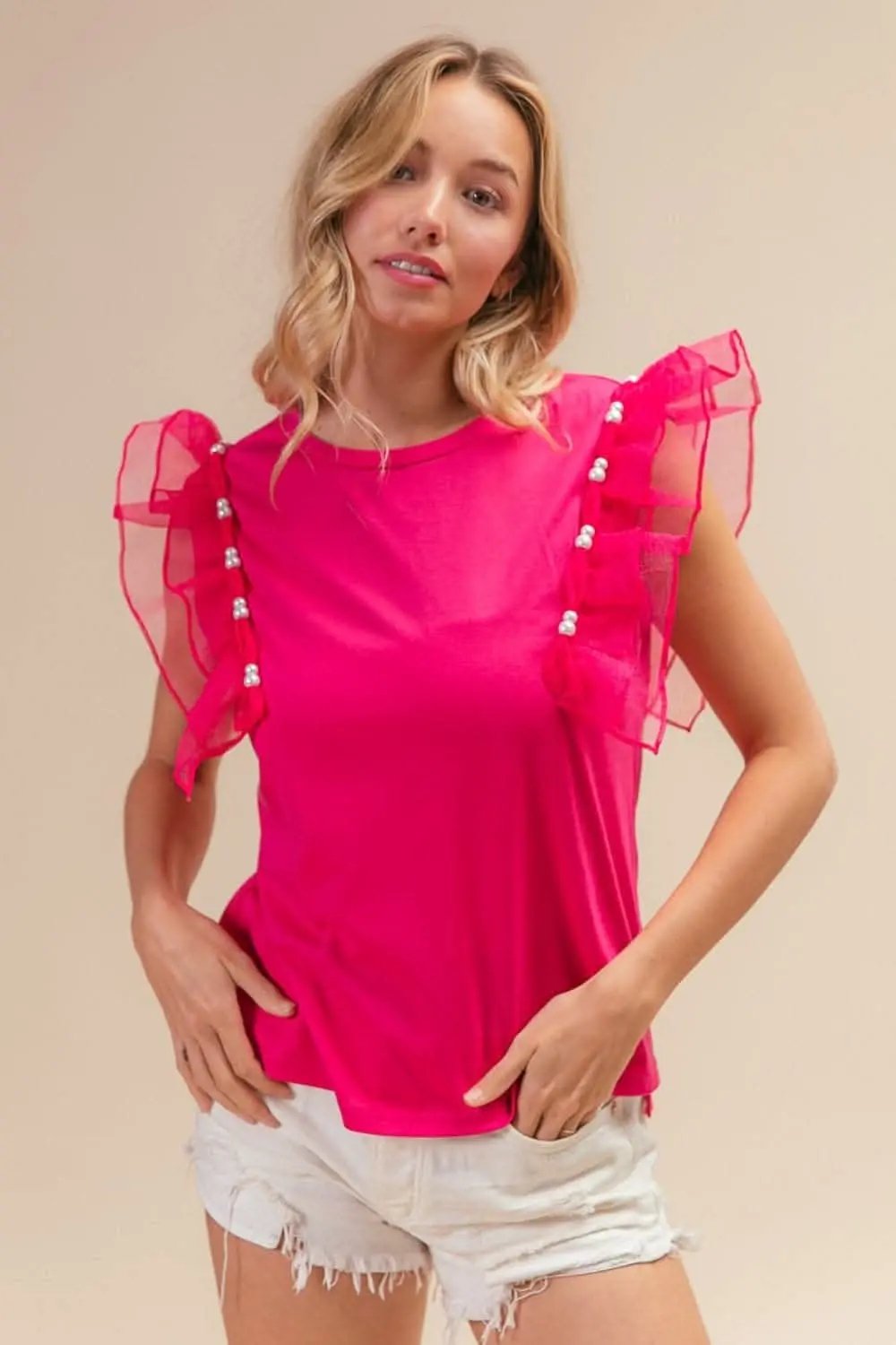 Trendsi BiBi Pearl Decor Mesh Ruffle Sleeve Top