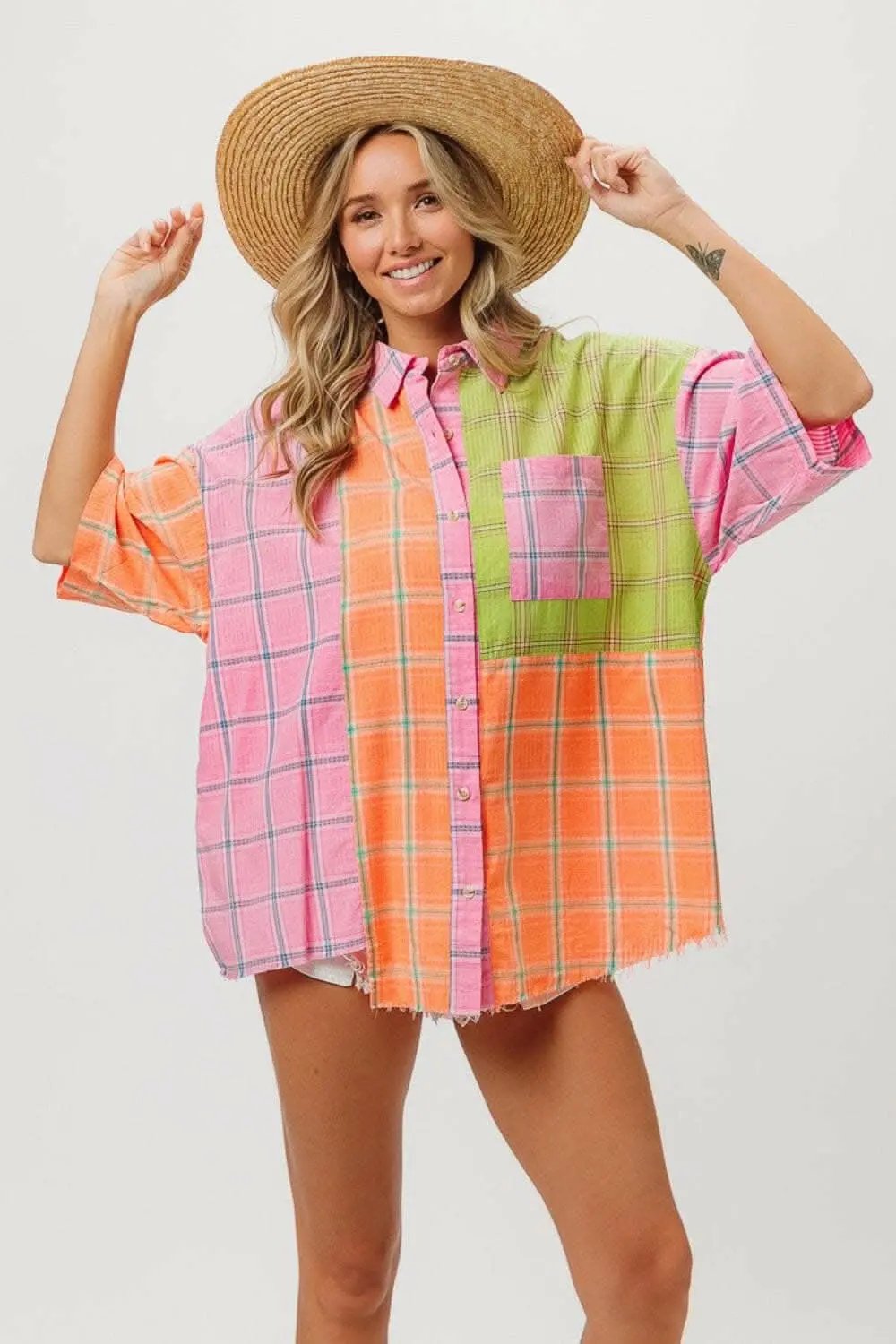 Trendsi just arrived - BiBi Plaid Collared Neck Half Sleeve Shirt