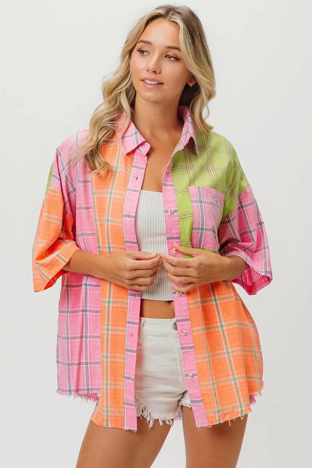 Trendsi just arrived - BiBi Plaid Collared Neck Half Sleeve Shirt
