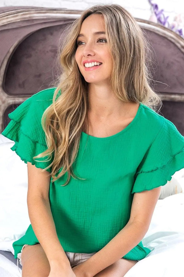 Trendsi Ruffle Sleeve Top Women's Casual Cotton Gauze Blouse Lightweight