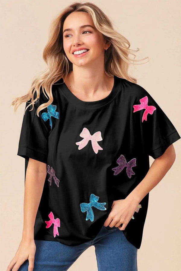 Trendsi Sequin Bow Tee Women's Casual Short Sleeve T-Shirt - Cute & Comfy