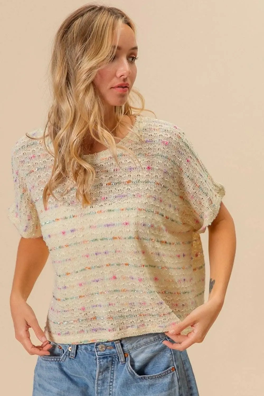 Trendsi BiBi Striped Popcorn Knit Top