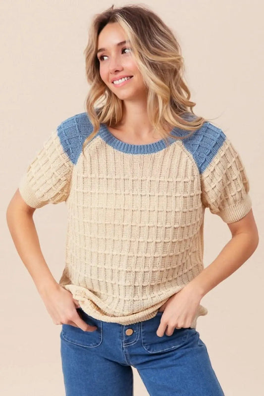 Women's Sweater - Textured Contrast Short Sleeve - Casual Knit Top