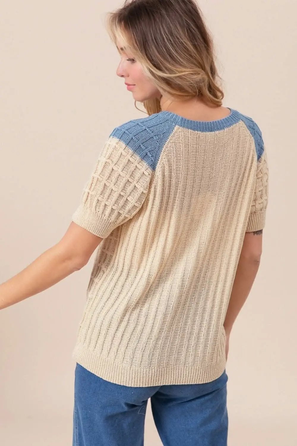 Women's Sweater - Textured Contrast Short Sleeve - Casual Knit Top