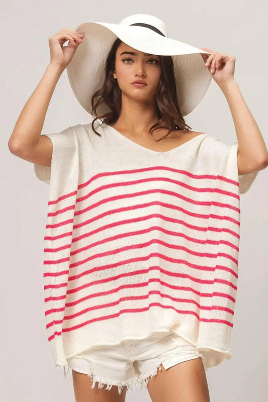 Trendsi BiBi V Neck Striped Short Sleeve Top