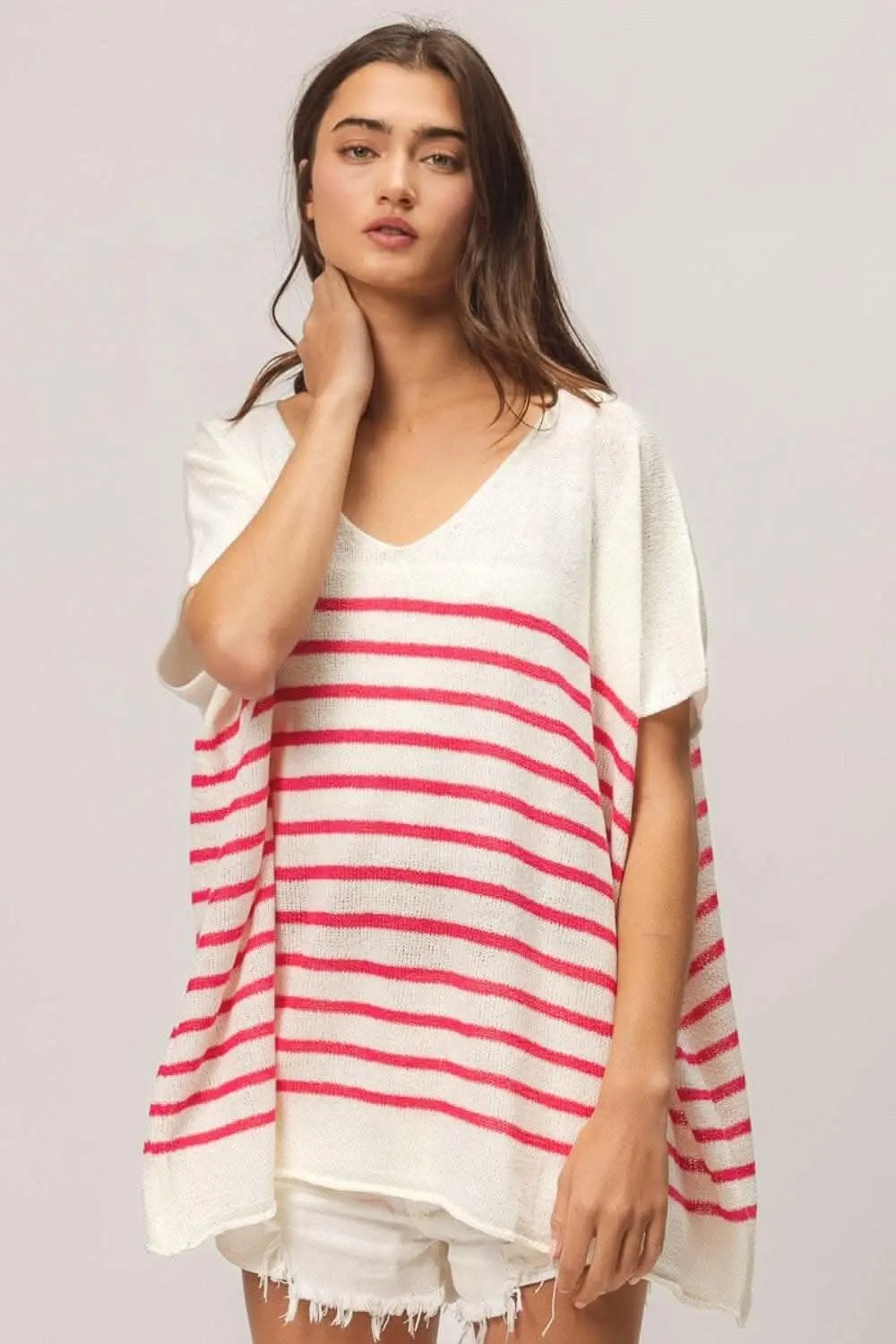 Trendsi BiBi V Neck Striped Short Sleeve Top
