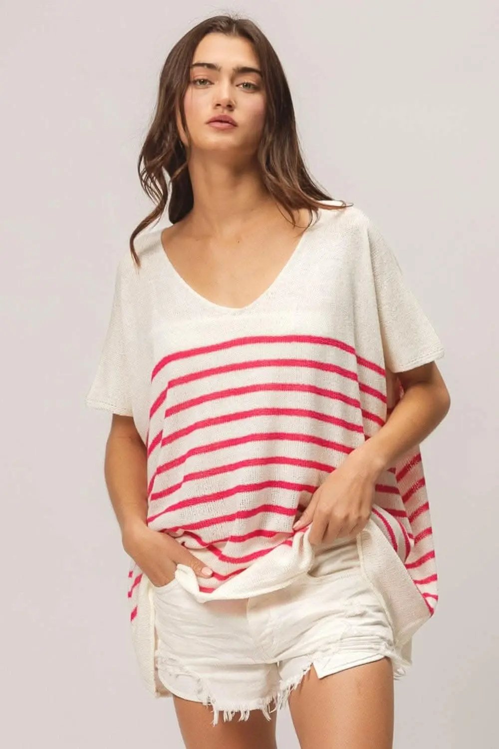 Trendsi BiBi V Neck Striped Short Sleeve Top