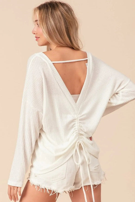 Trendsi Waffled Backless Top Women's Casual T-Shirt Drawstring Detail