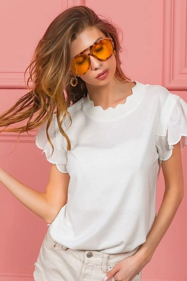 Trendsi Lace Trim Top Women's Elegant Fashion Scalloped Detail Versatile Top