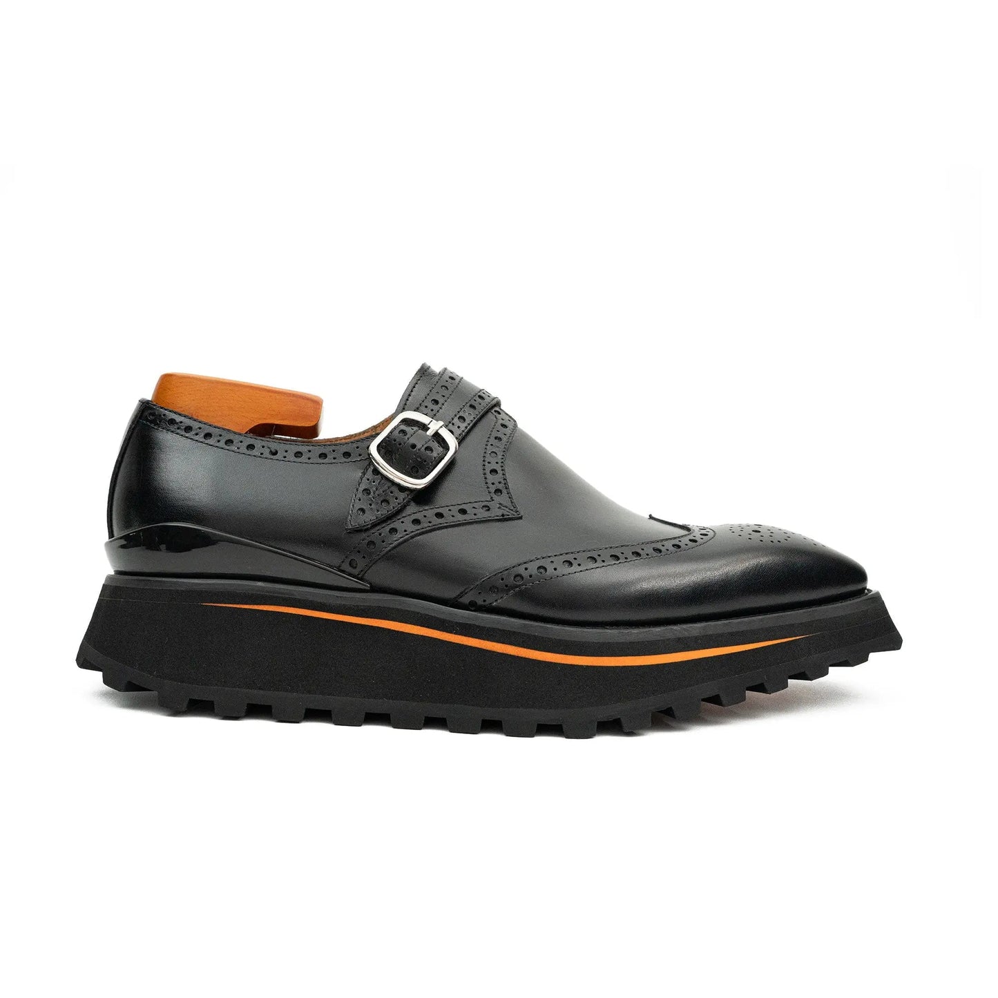 Black Brogue Monk Shoes With Chunky Sole