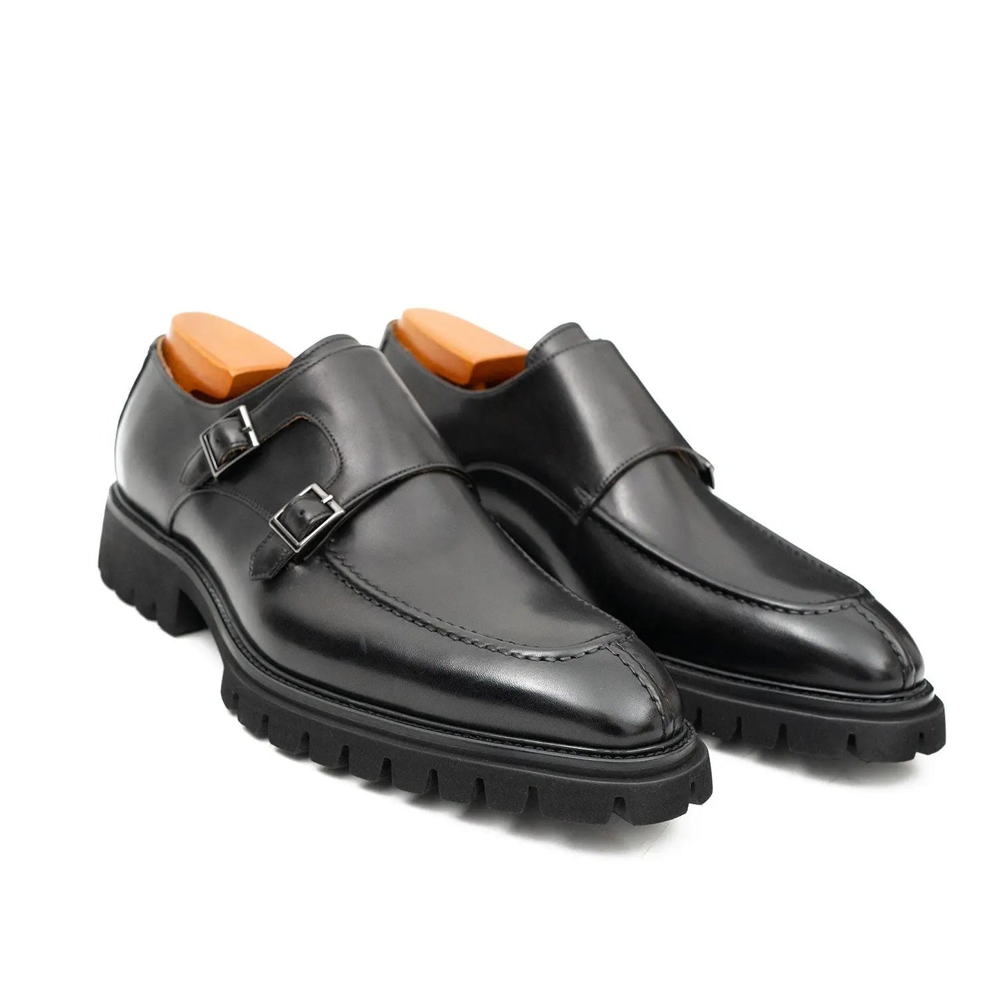 Black Double Monk Strap Leather Shoes