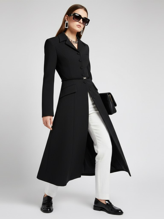 Black Long Tailored Coat with Belt - BOERUM HILL: New Collection COUTURE in BROOKLYN - BYMANYC ® New York