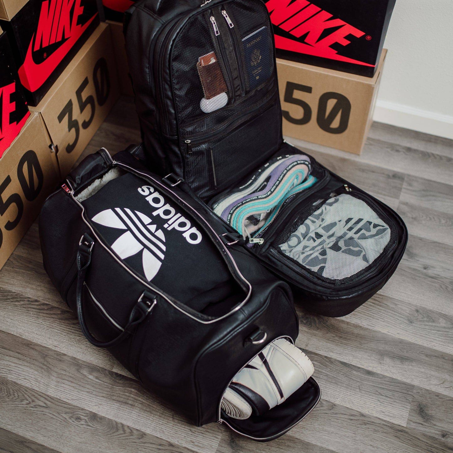 Black Leather Signature Bag Set (Signature Backpack and Duffle Bag)