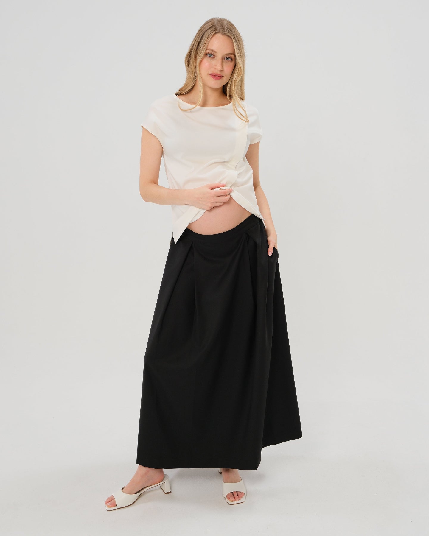 Over-Under Bump Pleated Maternity Maxi Skirt in All-Season Wool Blend