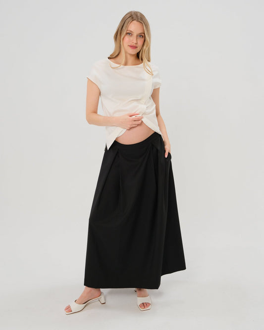 Over-Under Bump Pleated Maternity Maxi Skirt in All-Season Wool Blend