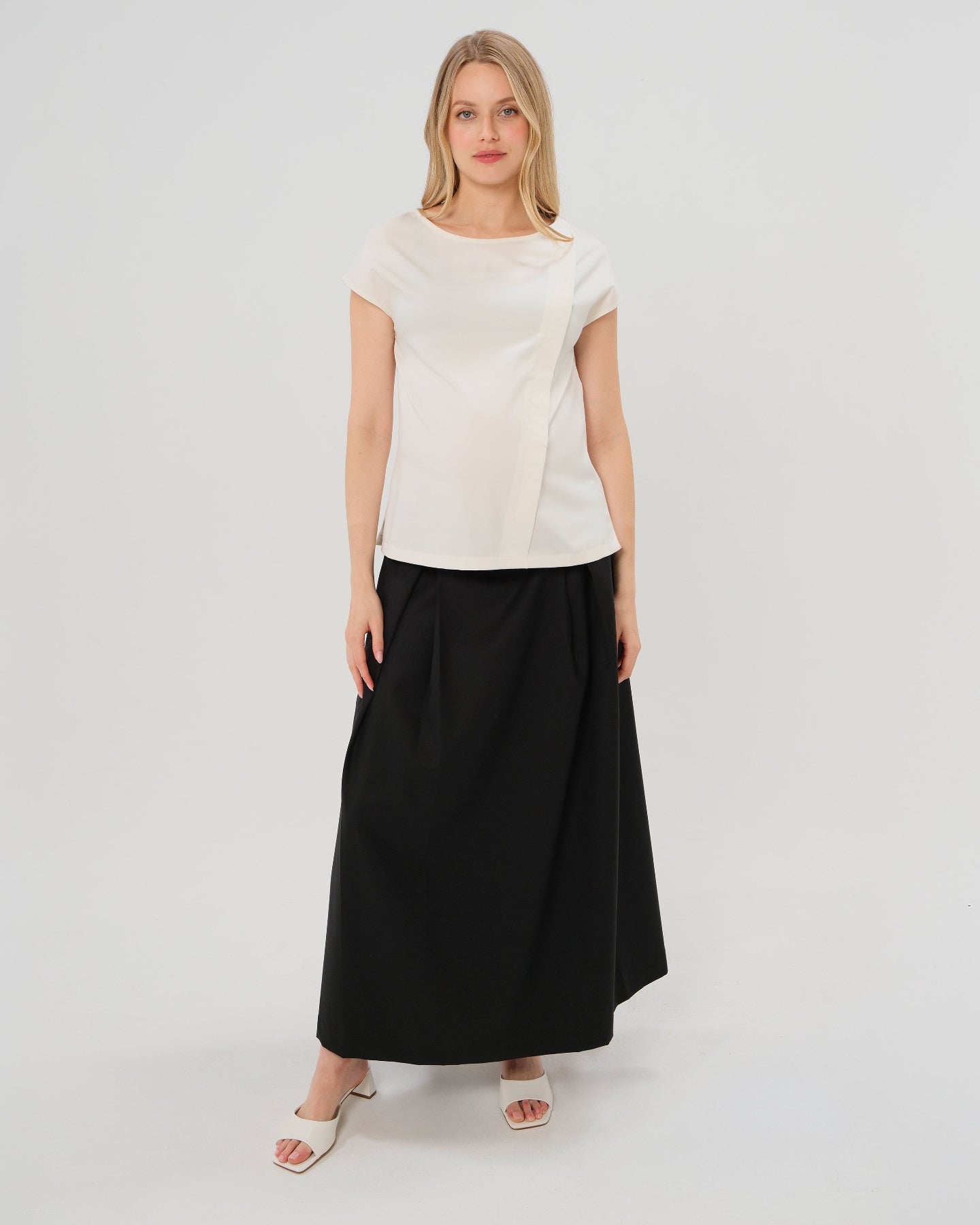 Over-Under Bump Pleated Maternity Maxi Skirt in All-Season Wool Blend