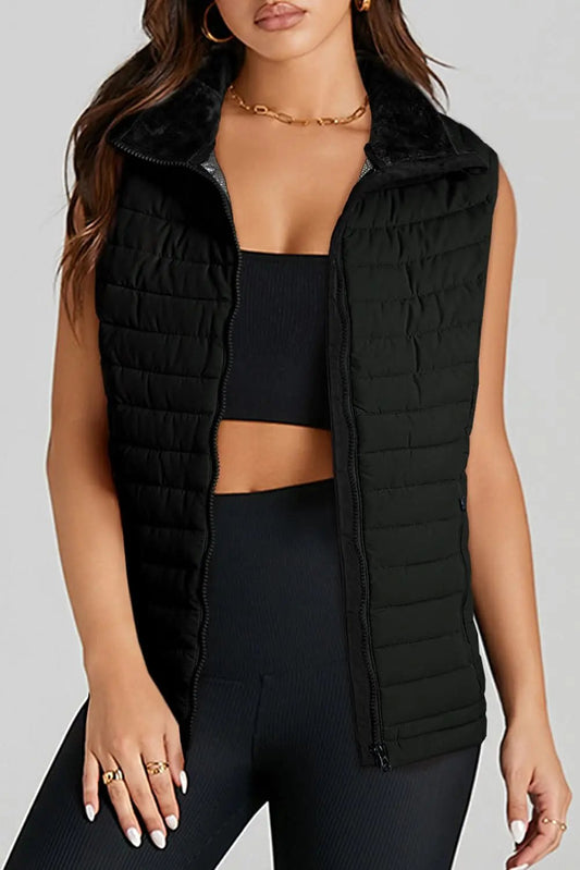 Love Salve Black Plush Vest Women's Daily Quilted Puffer Vest - Warm & Chic