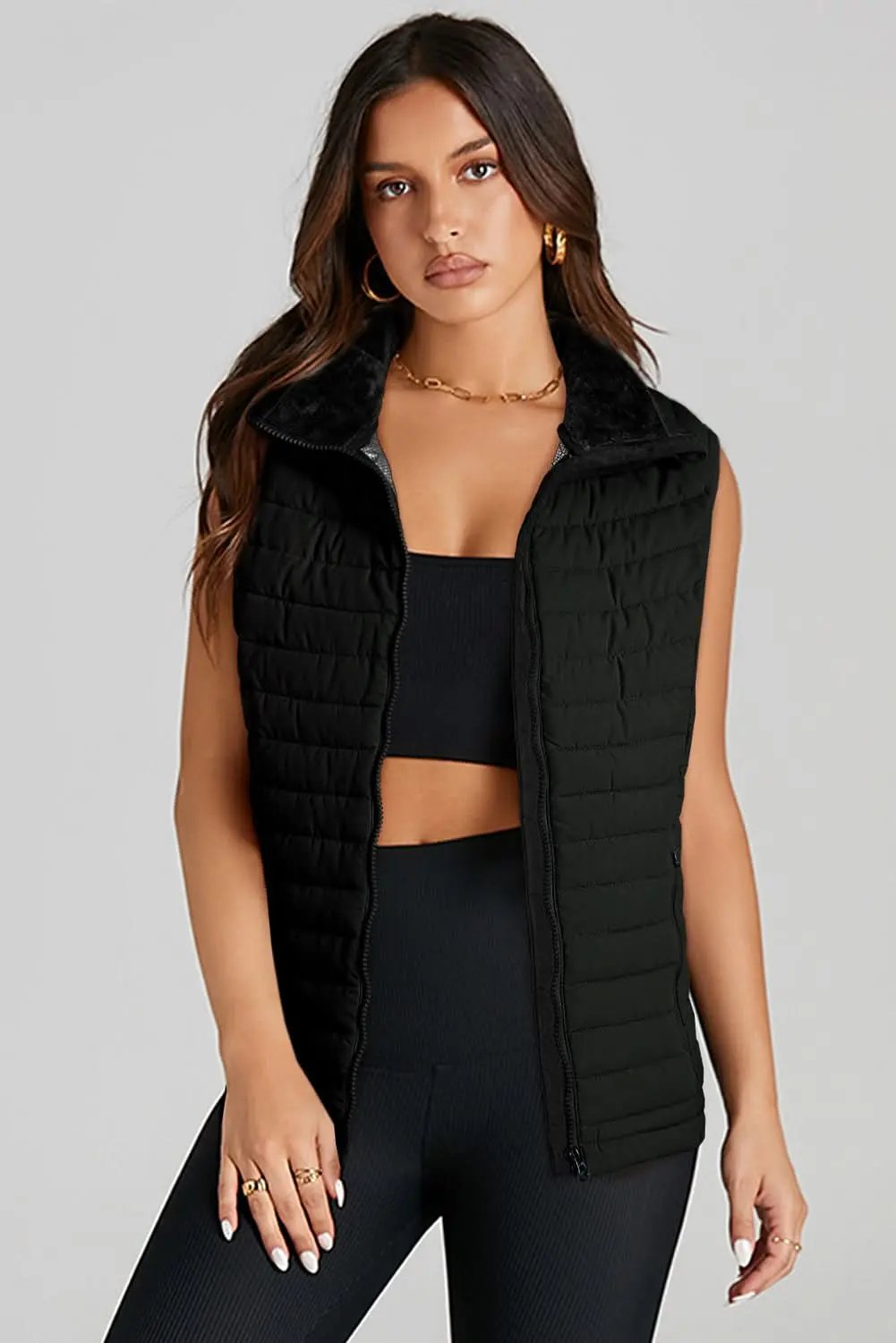 Love Salve Black Plush Vest Women's Daily Quilted Puffer Vest - Warm & Chic