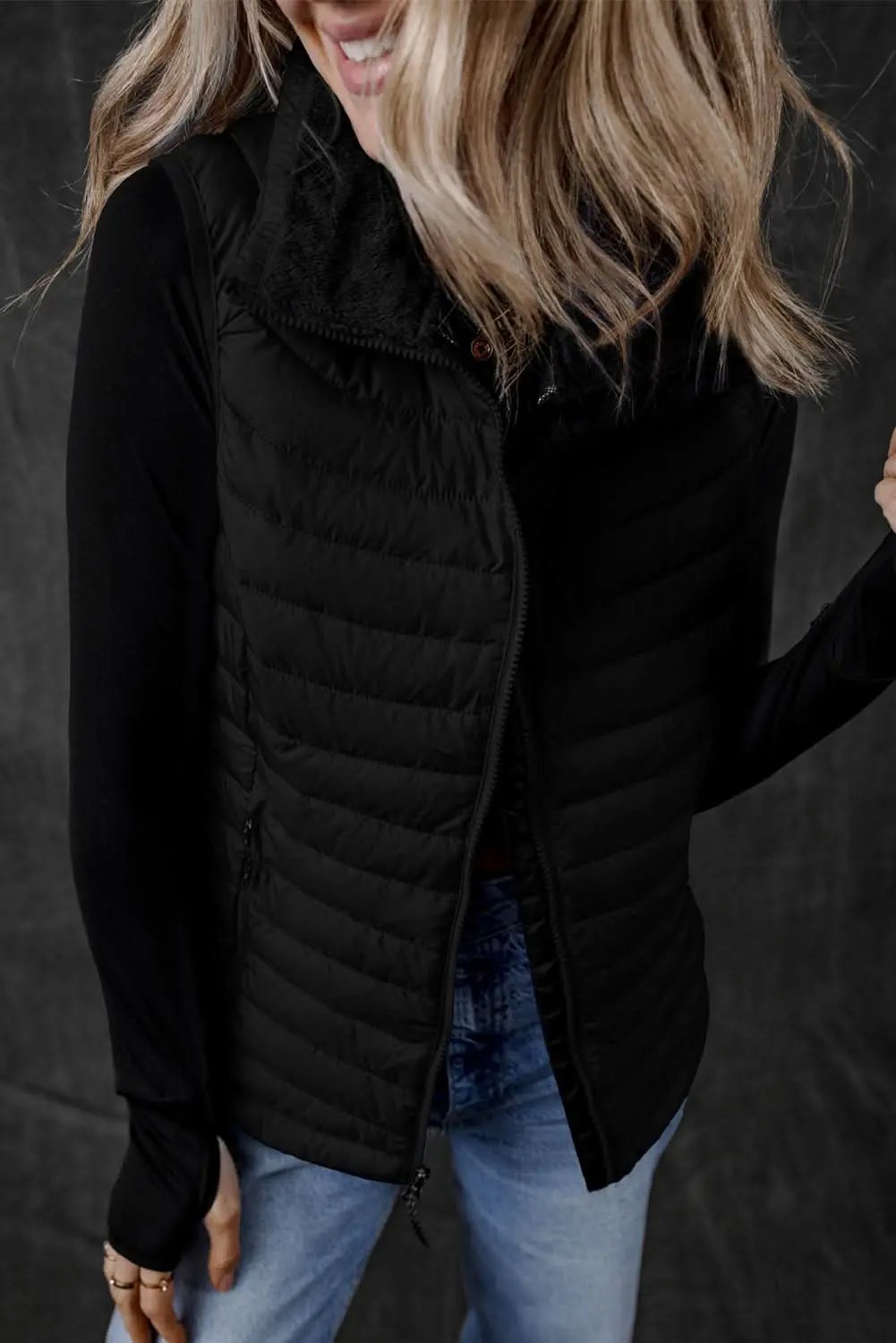 Love Salve Black Plush Vest Women's Daily Quilted Puffer Vest - Warm & Chic