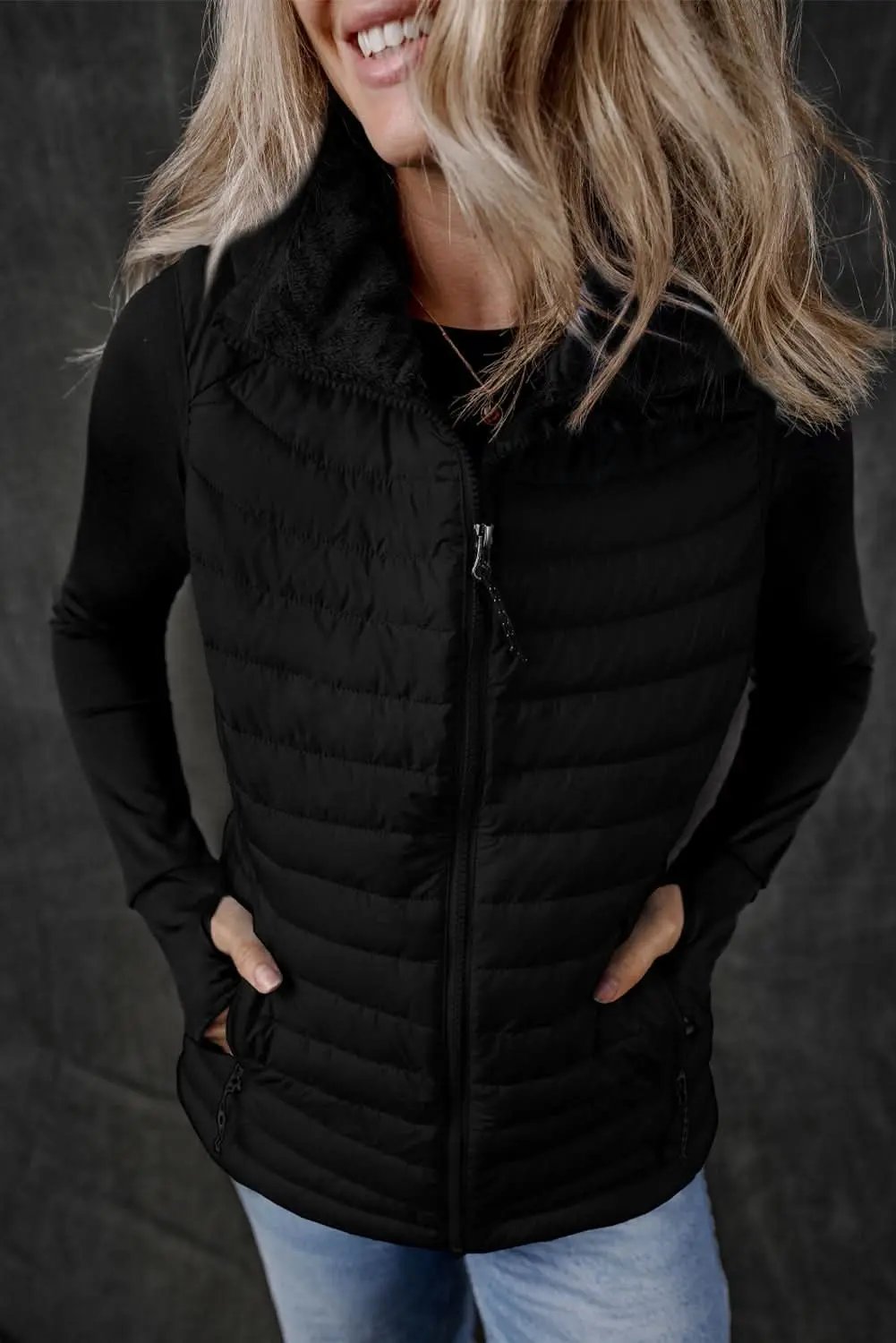 Love Salve Black Plush Vest Women's Daily Quilted Puffer Vest - Warm & Chic