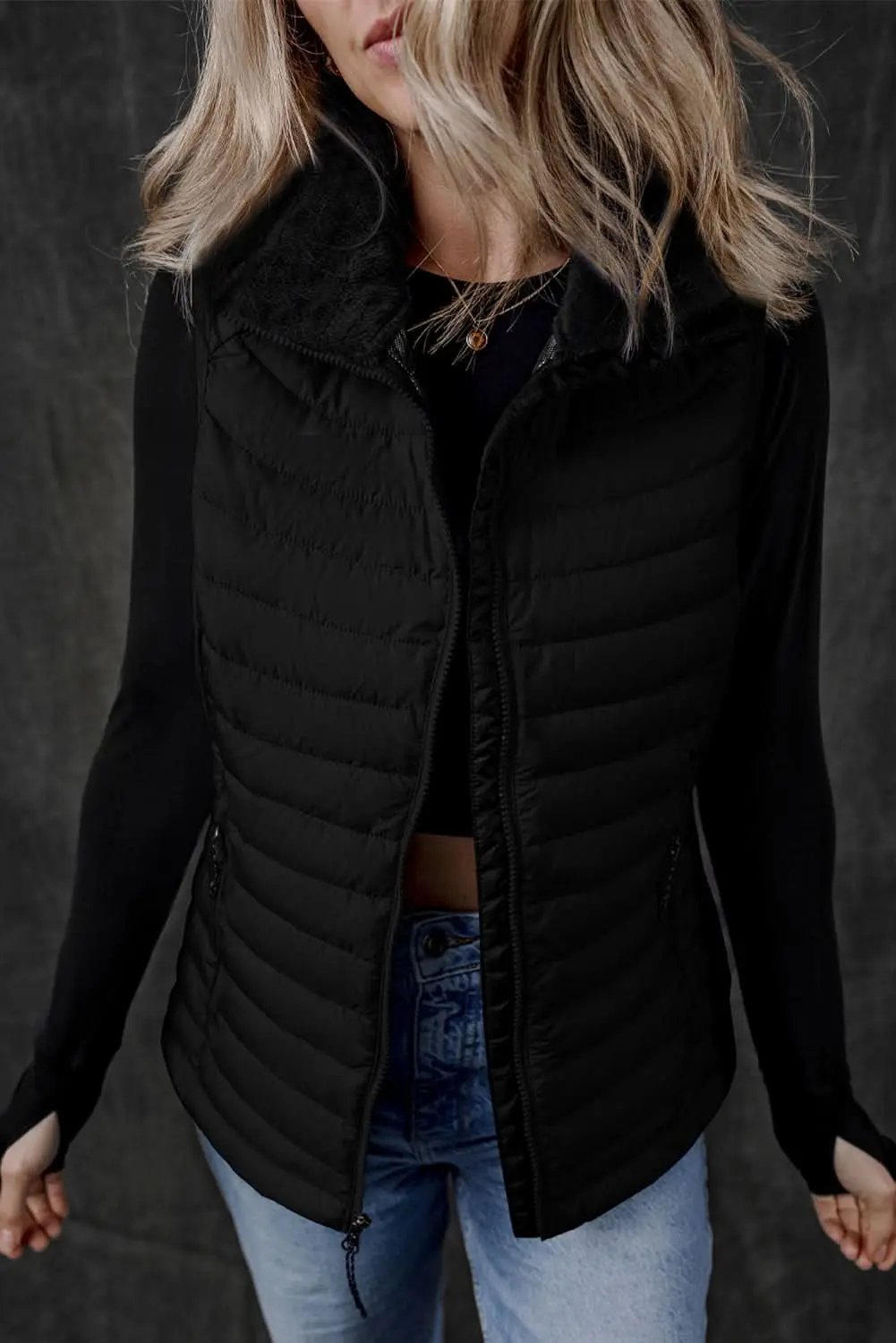 Love Salve Black Plush Vest Women's Daily Quilted Puffer Vest - Warm & Chic
