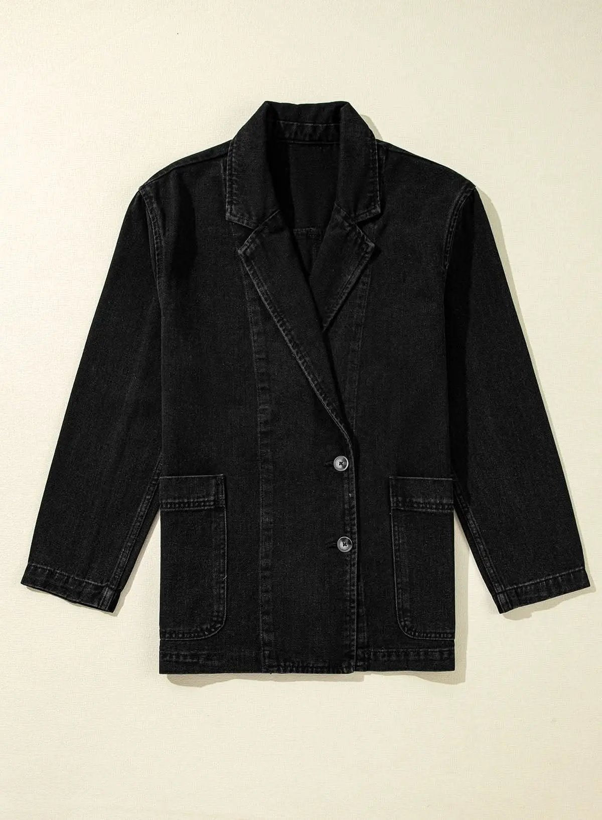Love Salve Black Denim Jacket Women's Daily Casual Lapel Collar Side Pockets