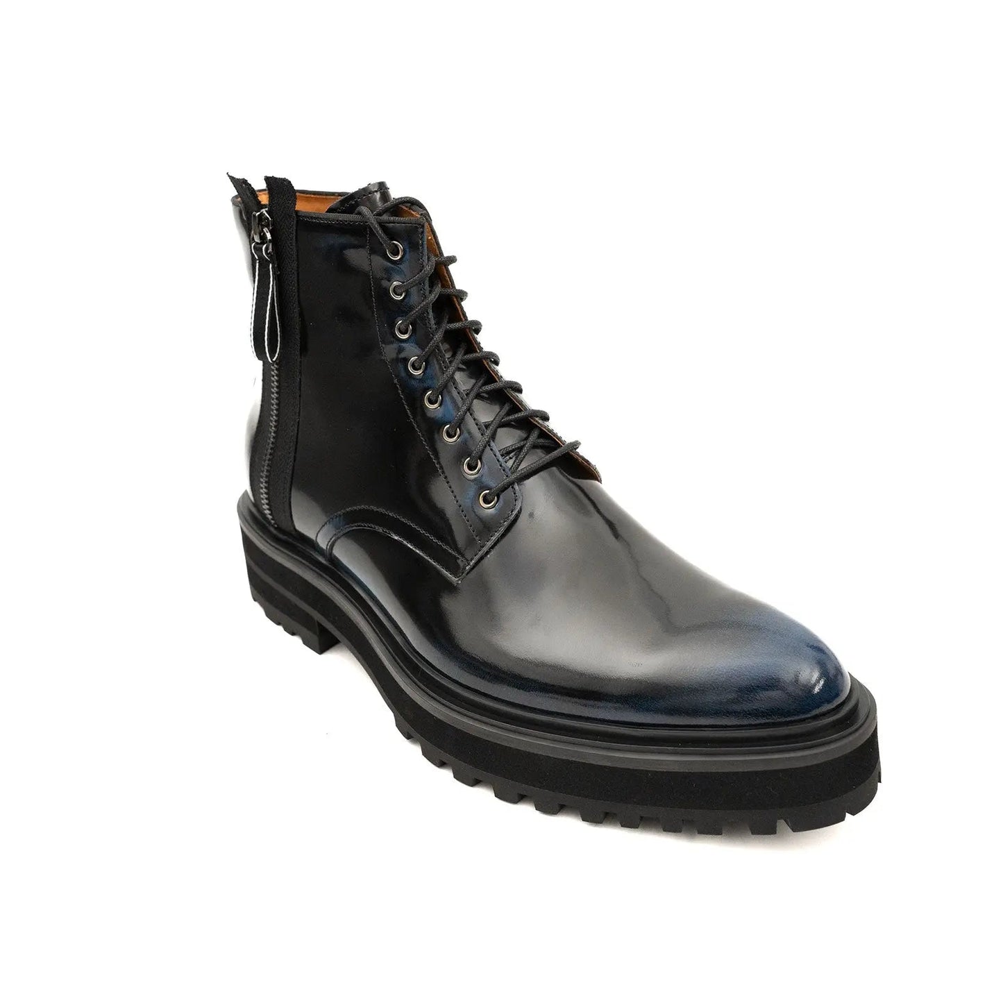 Blue Patent Side-Zip Combat Boot