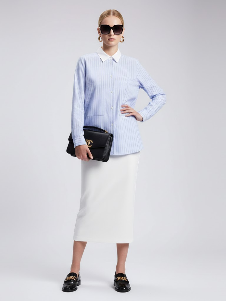 Blue Striped Shirt with Contrast Collar and Double Pockets • BYMANYC ® New York