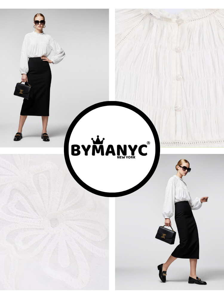 Bohemian White Cotton Blouse with Smocked Detail and Embroidery • BYMANYC ® New York
