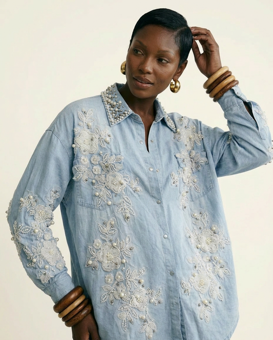 Divine Pearl Floral Denim Blouse