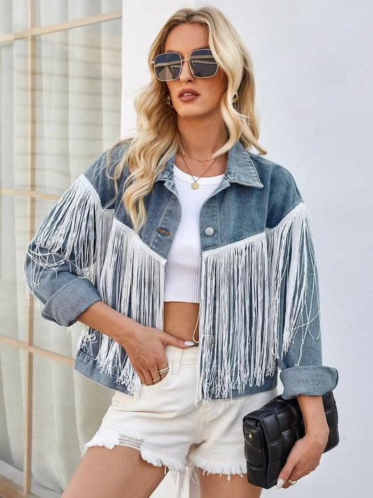 Trendsi Jeans & Denim Boho tassel denim jacket