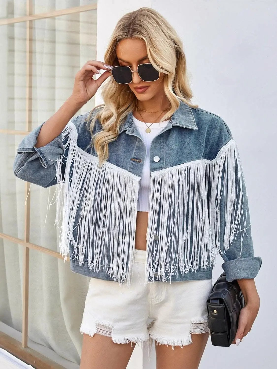 Trendsi Jeans & Denim Boho tassel denim jacket