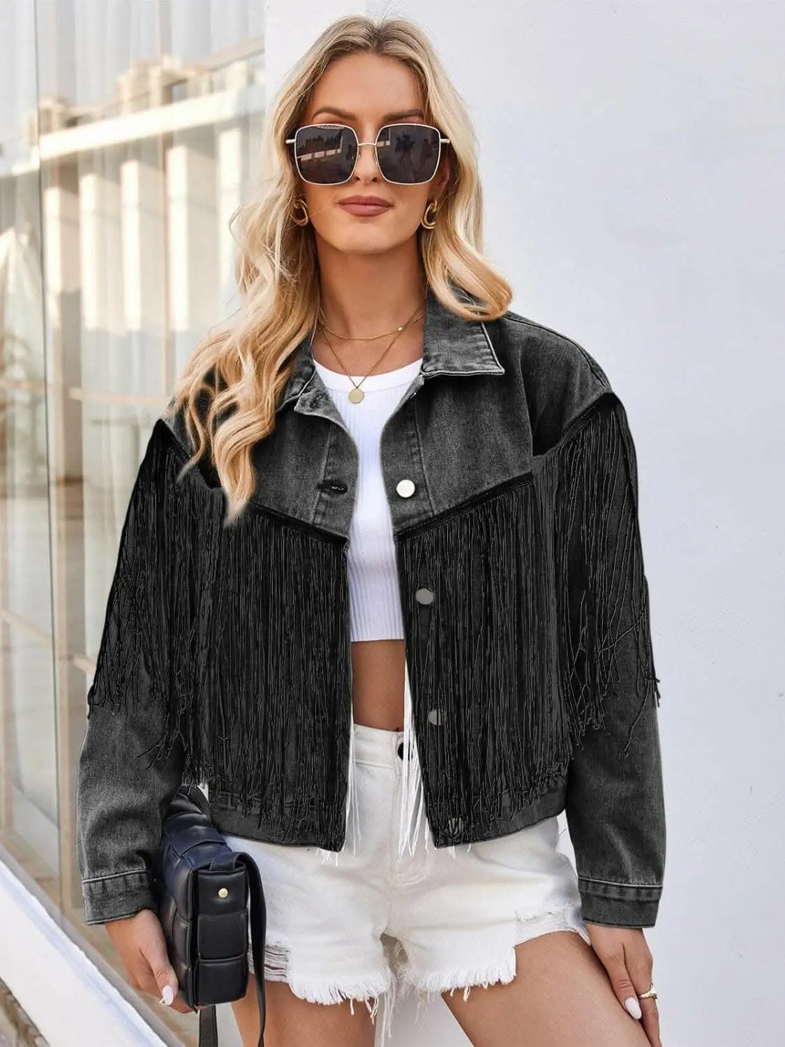 Trendsi Jeans & Denim Boho tassel denim jacket
