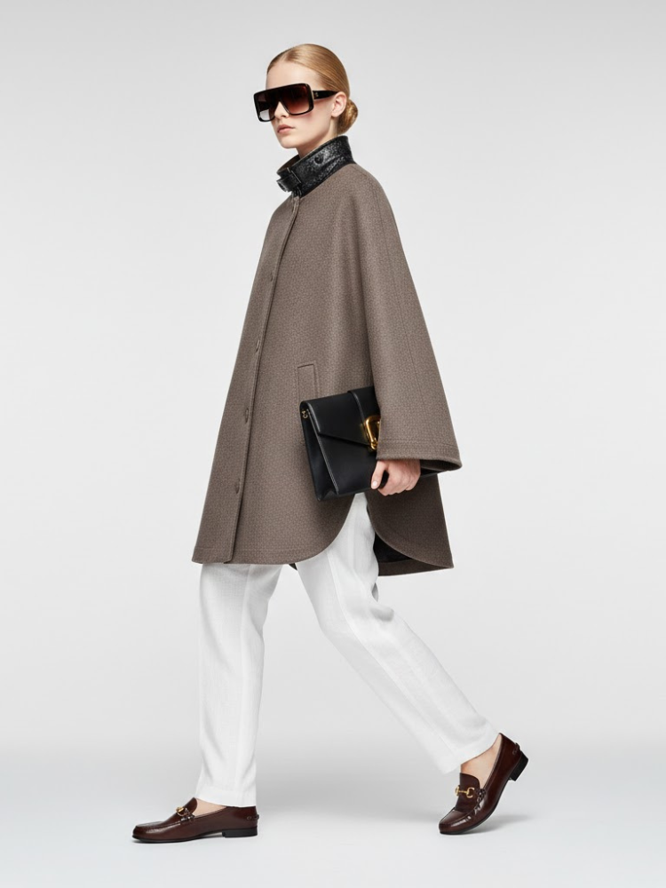 Brown Wool-Blend Jacket with Leather Collar and Egg-Shape Cut • BYMANYC ® New York