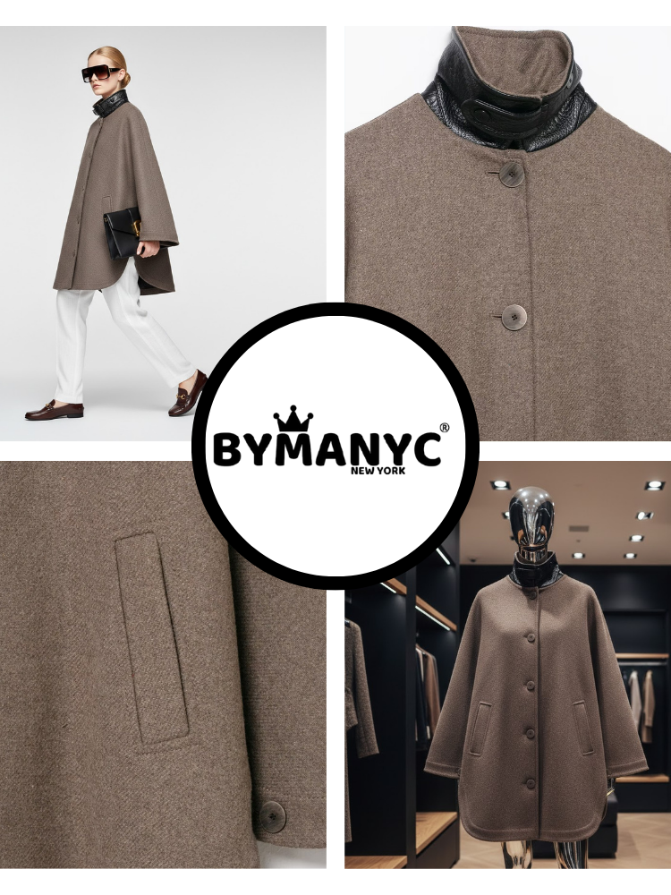 Brown Wool-Blend Jacket with Leather Collar and Egg-Shape Cut • BYMANYC ® New York