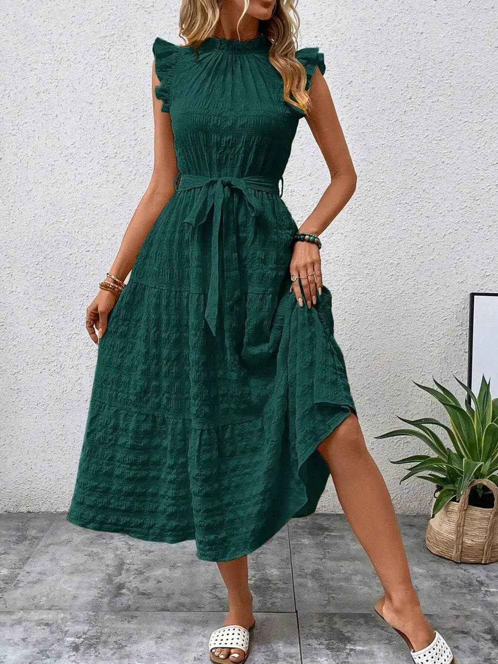 Tied Ruffled Cap Sleeve Midi Dress – Feminine Flowy Style
