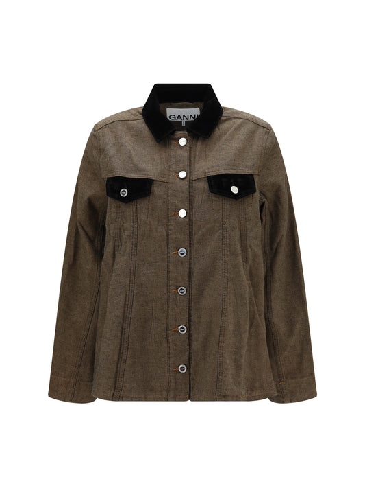 Neppy Denim Overshirt with Velvet Collar