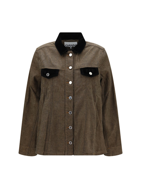Neppy Denim Overshirt with Velvet Collar