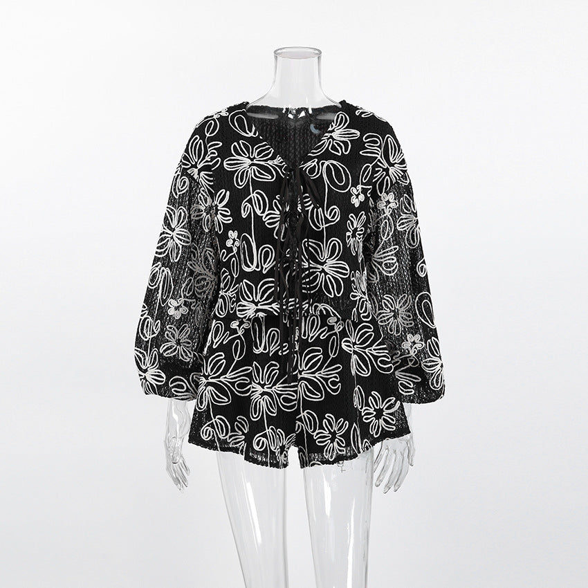 V-Neck Long Sleeve Lace-Up Top & Shorts Two-Piece Set