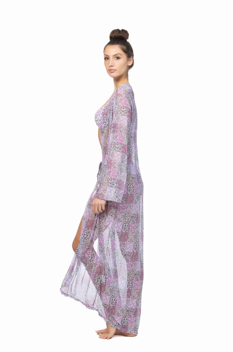 PATCHWORK PRINT MESH LONG COVER UP
