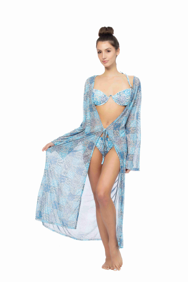 PATCHWORK PRINT MESH LONG COVER UP