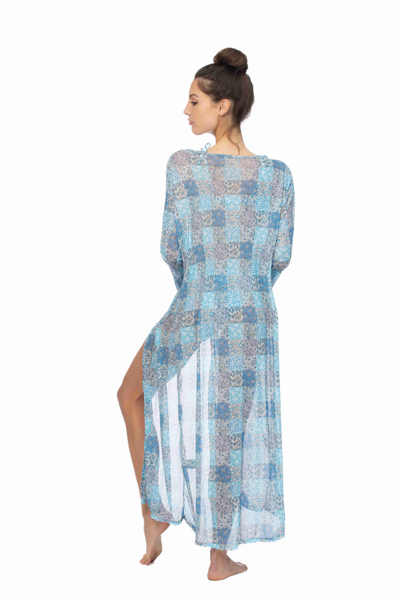 PATCHWORK PRINT MESH LONG COVER UP