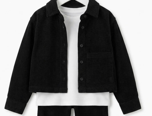 Vintage Havana - Black Faux Corduroy Crop Button Up Jacket