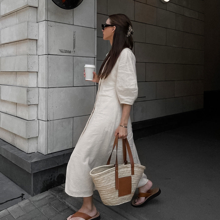 V-Neck Bubble Sleeve Loose Midi Dress in Cotton Linen