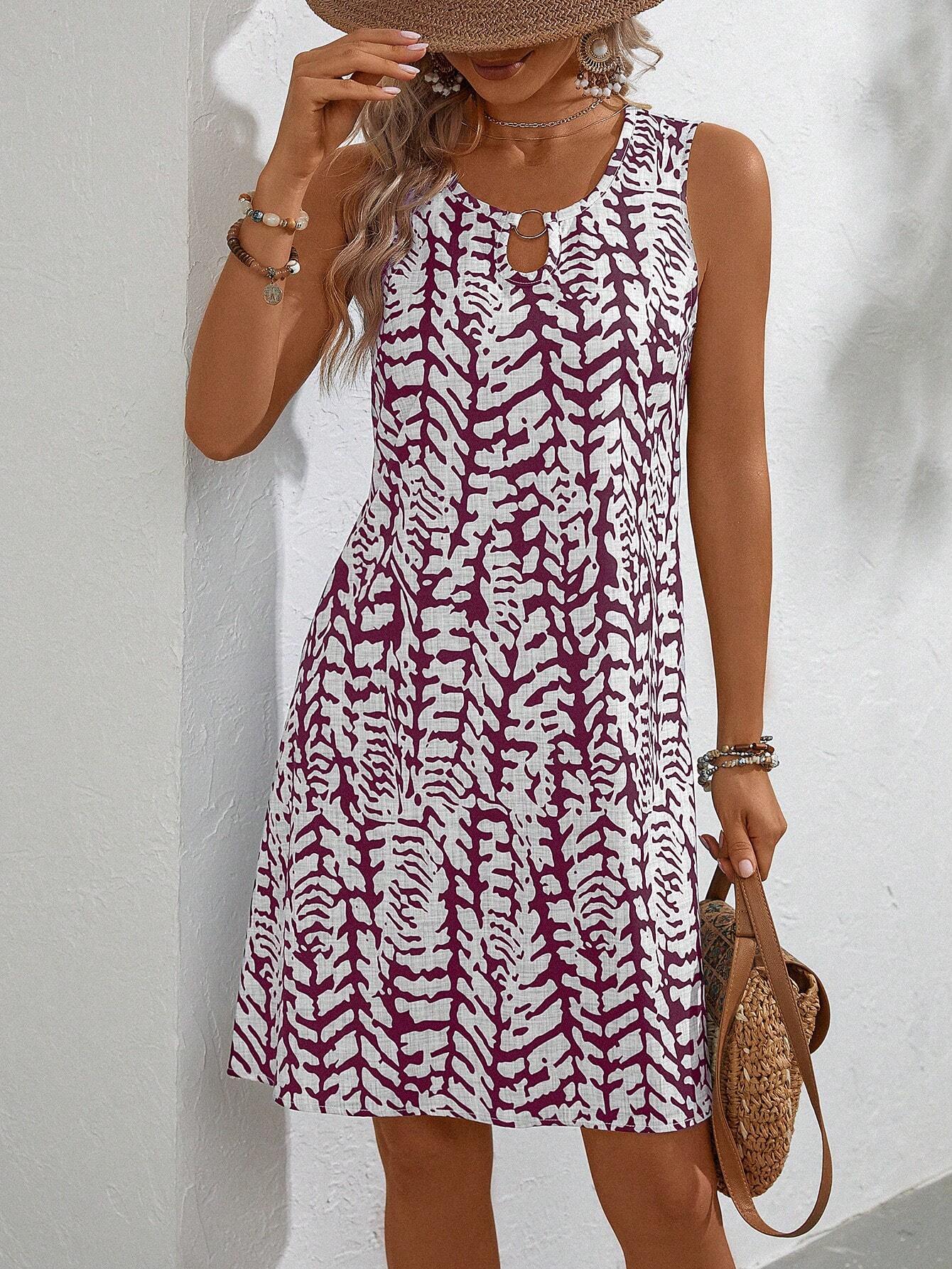 Floral Print U-Neck Sleeveless Midi Dress – Ring Detail Summer Style